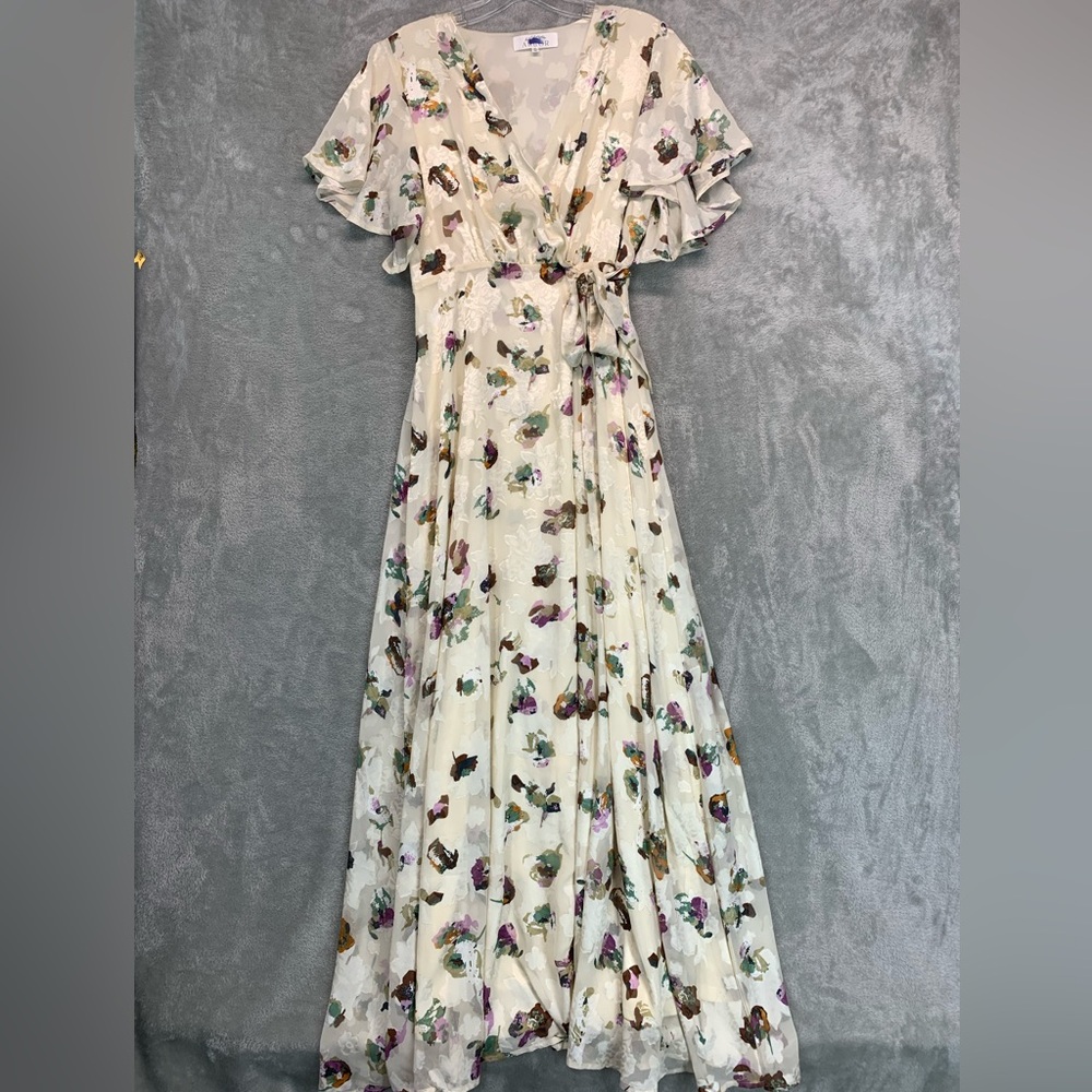 NWOT Wrap Bridesmaid Wedding Guest Cream Floral Ruffle Sleeve Maxi Dress Size XL